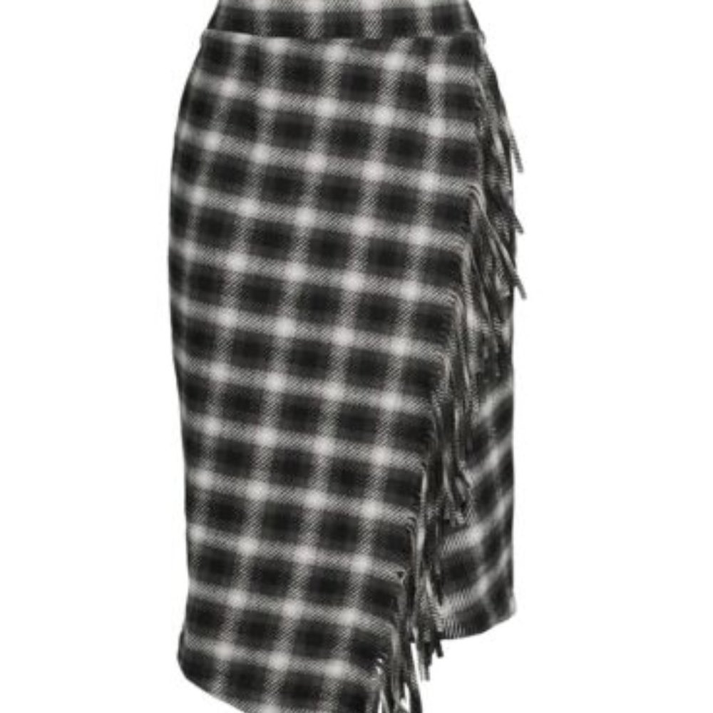 Time and Tru Women Fringed Faux Wrap Skirt Black Plaid